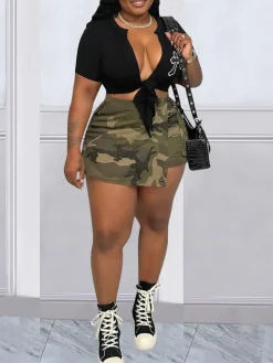 Camouflage Pocketed Mini Skirt Shorts