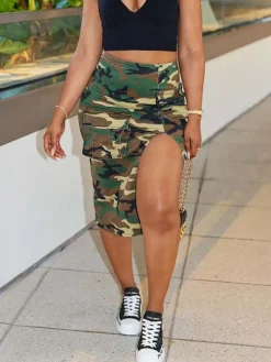 Camouflage Zipper Utility Pockets Split Skirt