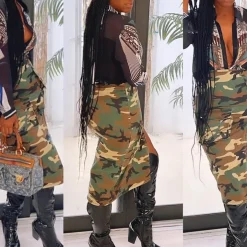 Camouflage Zipper Utility Pockets Split Skirt