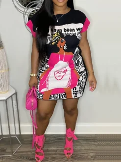 Cartoon Graffiti Print T-Shirt Dress