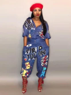 Cartoon Letter Print Button Loose Jumpsuit