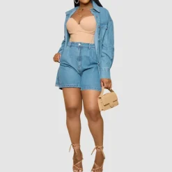 Casual Denim Jacket Shorts Set