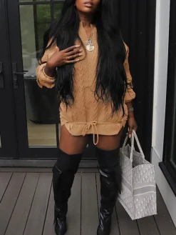 Casual Loose Fit Knit Drawstring Down Jacket Pullover