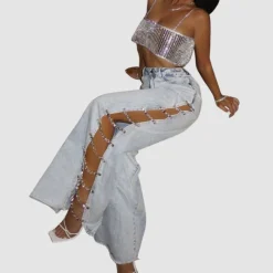 Chain Embellished Hollow-out Jeans