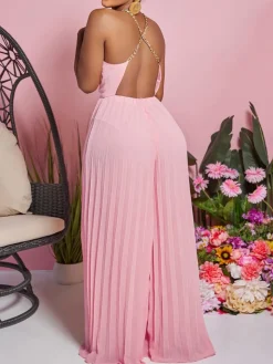 Chain Halter Backless Pleated Jumpsuit