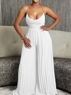 Chain Halter Backless Pleated Jumpsuit