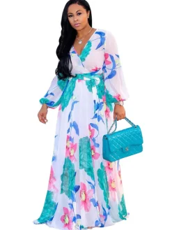 Chiffon Floral Printed V Neck Wrap Boho Maxi Dress