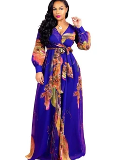Chiffon Floral Printed V Neck Wrap Boho Maxi Dress