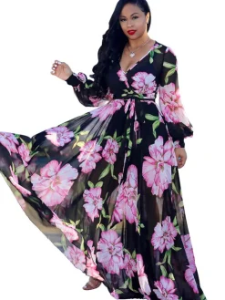 Chiffon Floral Printed V Neck Wrap Boho Maxi Dress
