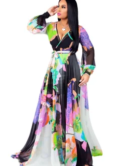 Chiffon Floral Printed V Neck Wrap Boho Maxi Dress