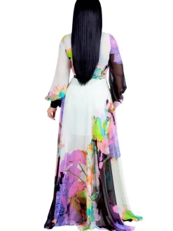Chiffon Floral Printed V Neck Wrap Boho Maxi Dress