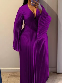 Chiffon V-Neck Pleated Maxi Dress