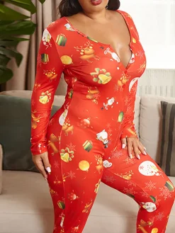 Christmas Print Long Sleeve Jumpsuit