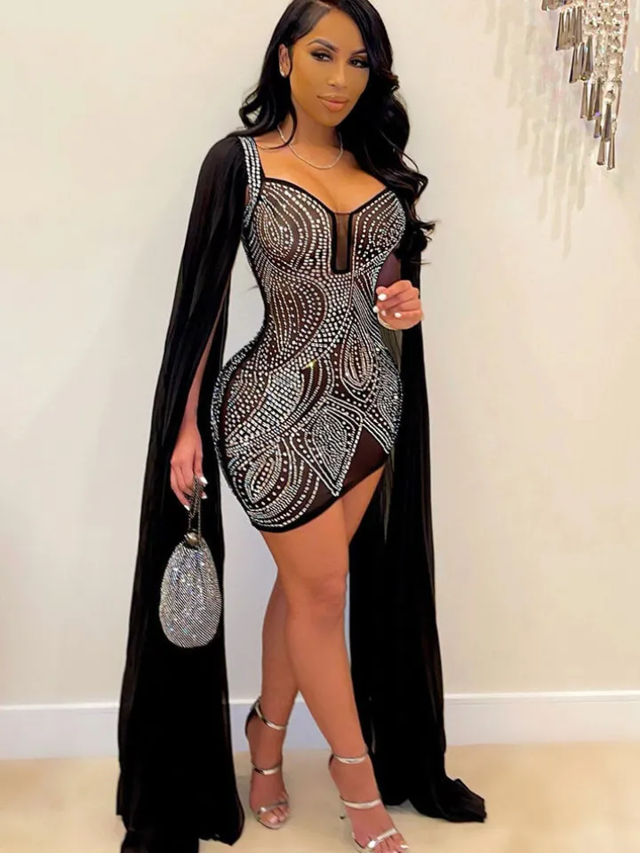 Cloak Cape Sleeve Sequins Bodycon Mini Dress