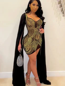 Cloak Cape Sleeve Sequins Bodycon Mini Dress