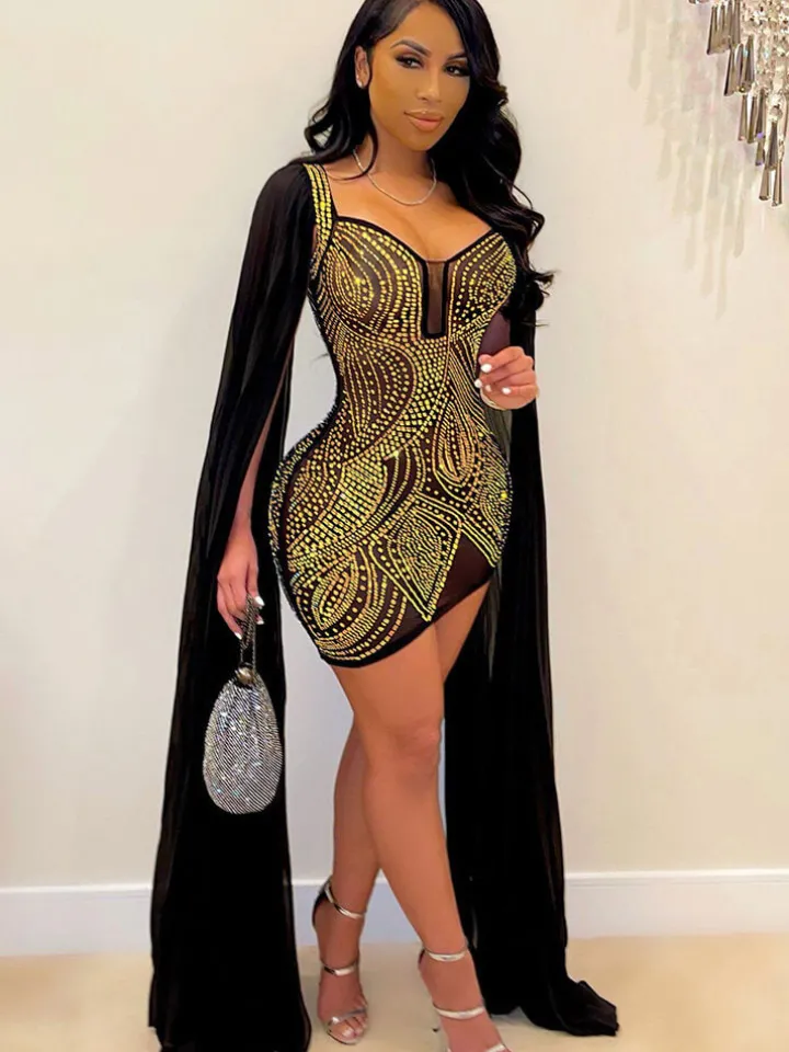 Cloak Cape Sleeve Sequins Bodycon Mini Dress