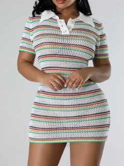 Collared Knit Striped Dress with Pearl Buttons