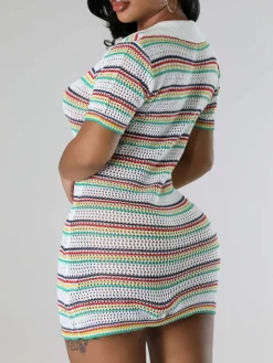 Collared Knit Striped Dress with Pearl Buttons