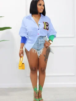 Color Block Letter Embroidery Button Down Shirts