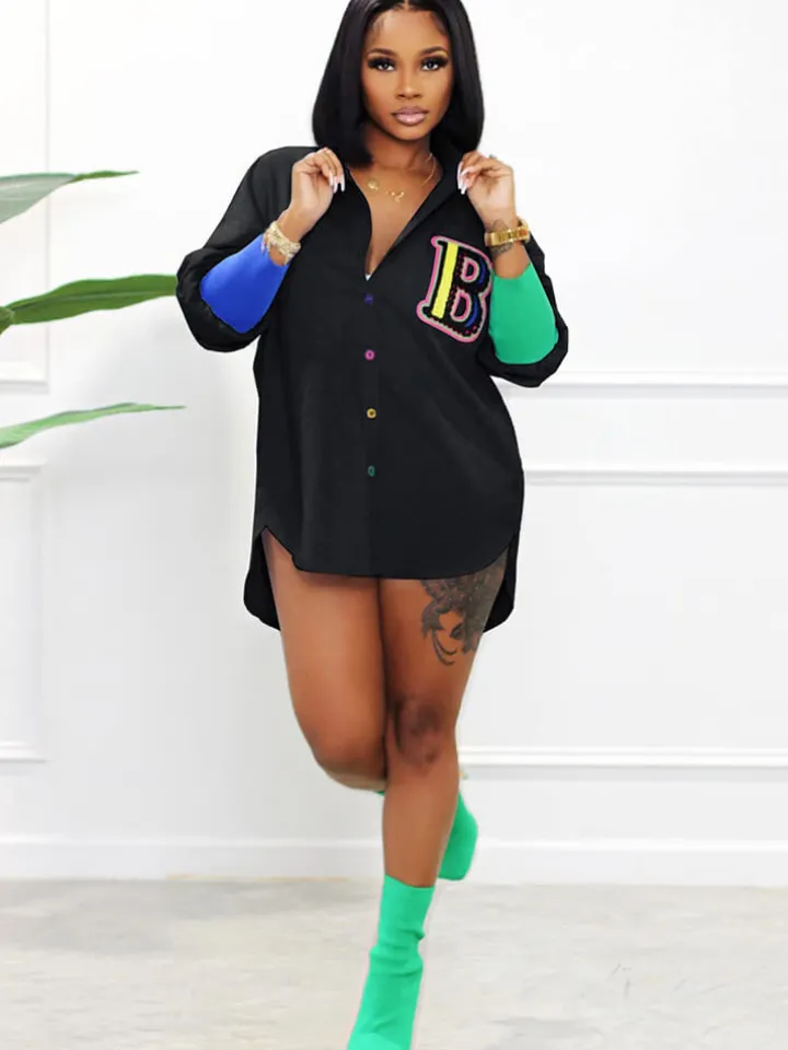 Color Block Letter Embroidery Button Down Shirts