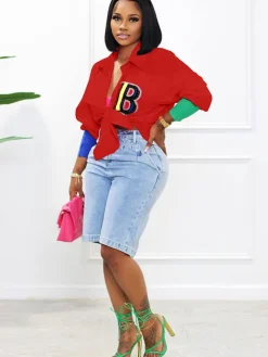 Color Block Letter Embroidery Button Down Shirts