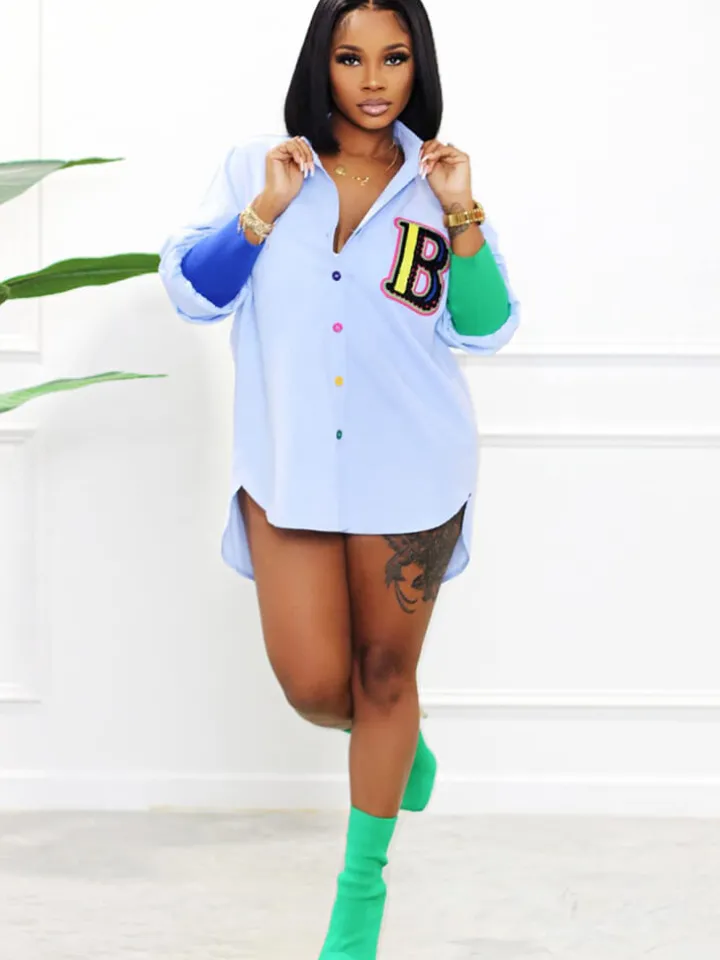 Color Block Letter Embroidery Button Down Shirts