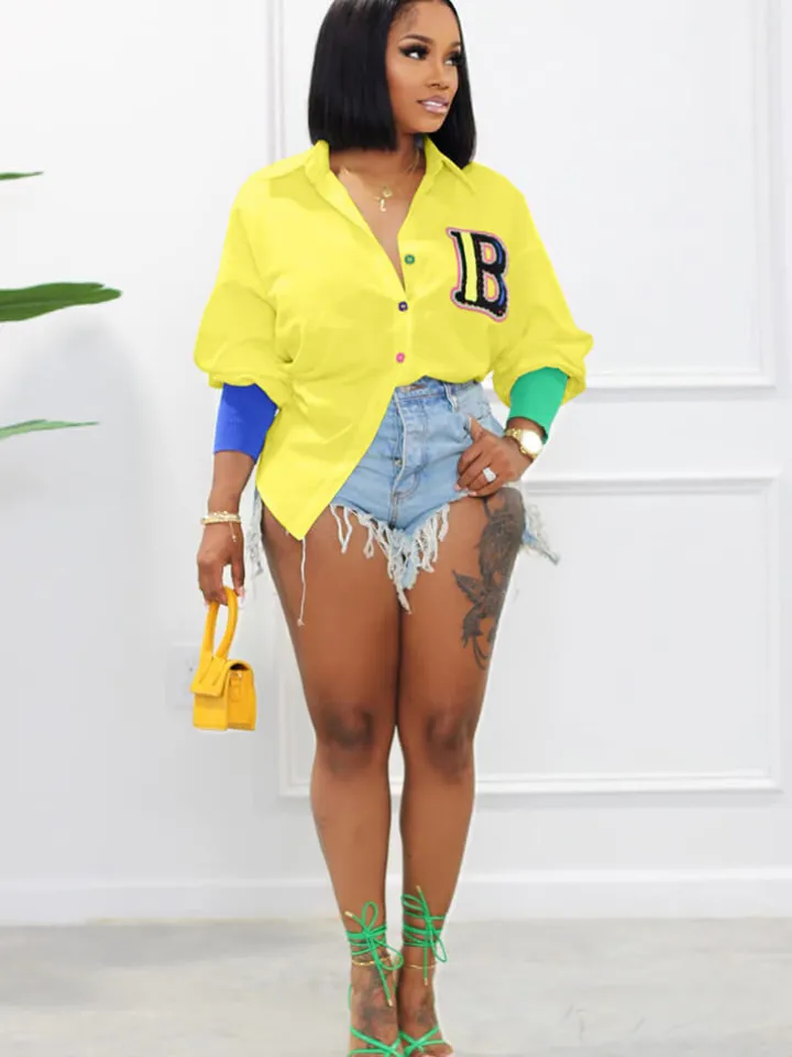 Color Block Letter Embroidery Button Down Shirts