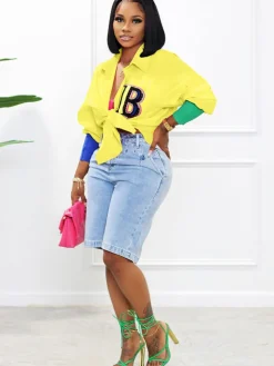 Color Block Letter Embroidery Button Down Shirts