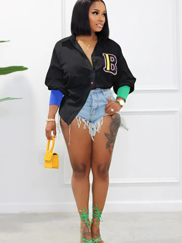 Color Block Letter Embroidery Button Down Shirts