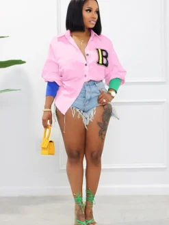 Color Block Letter Embroidery Button Down Shirts