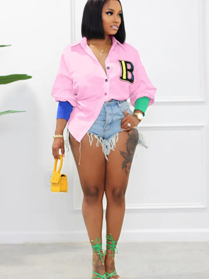Color Block Letter Embroidery Button Down Shirts