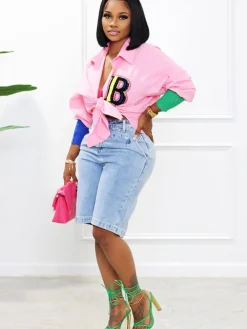 Color Block Letter Embroidery Button Down Shirts