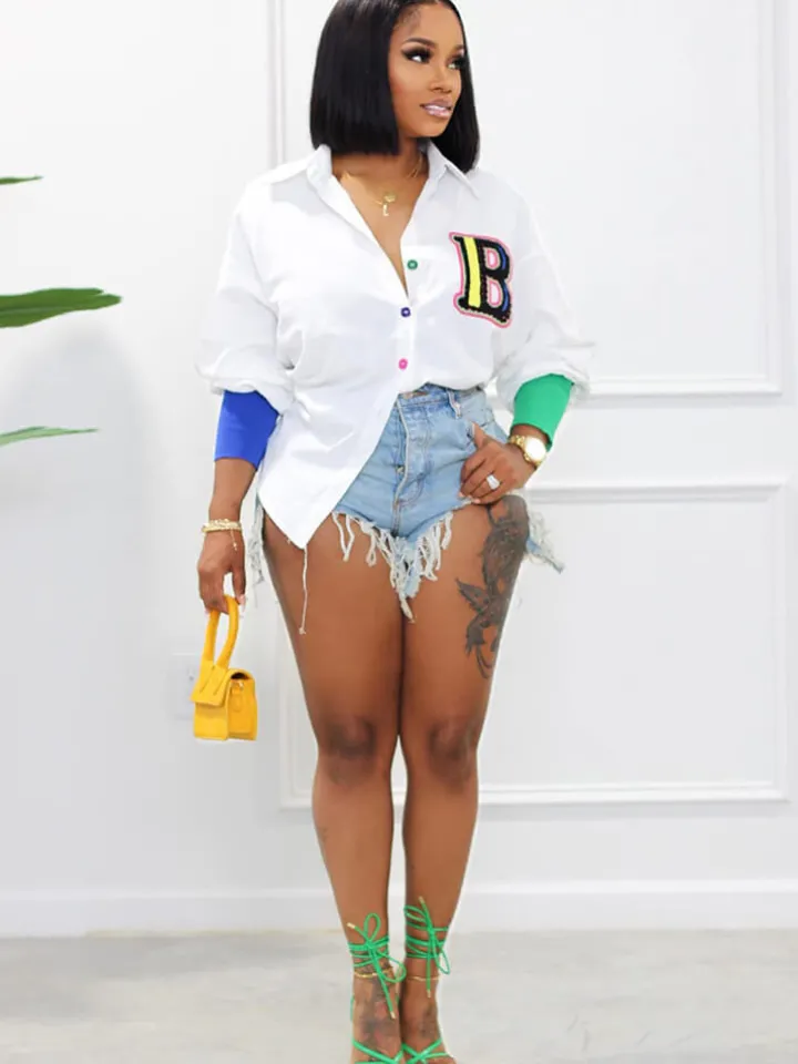 Color Block Letter Embroidery Button Down Shirts