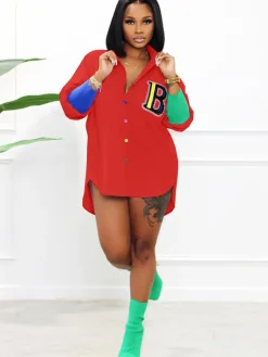 Color Block Letter Embroidery Button Down Shirts