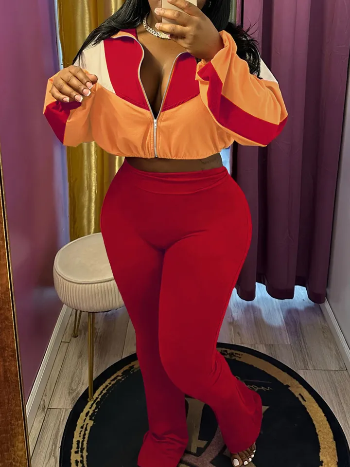 Color Block Zipper Jacket and Pants Set
