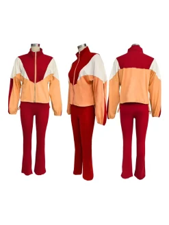 Color Block Zipper Jacket and Pants Set