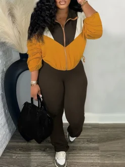 Color Block Zipper Jacket and Pants Set
