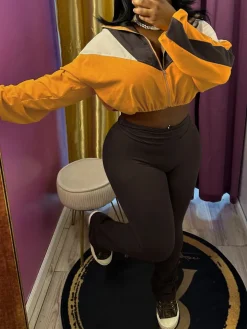 Color Block Zipper Jacket and Pants Set
