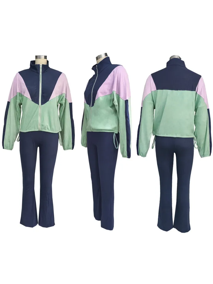 Color Block Zipper Jacket and Pants Set