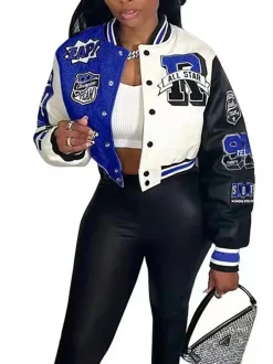 Colorblock Letter Print Baseball Jacket