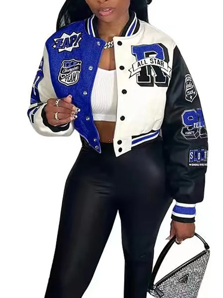 Colorblock Letter Print Baseball Jacket