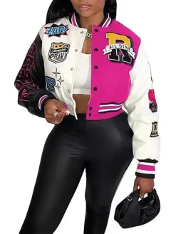 Colorblock Letter Print Baseball Jacket