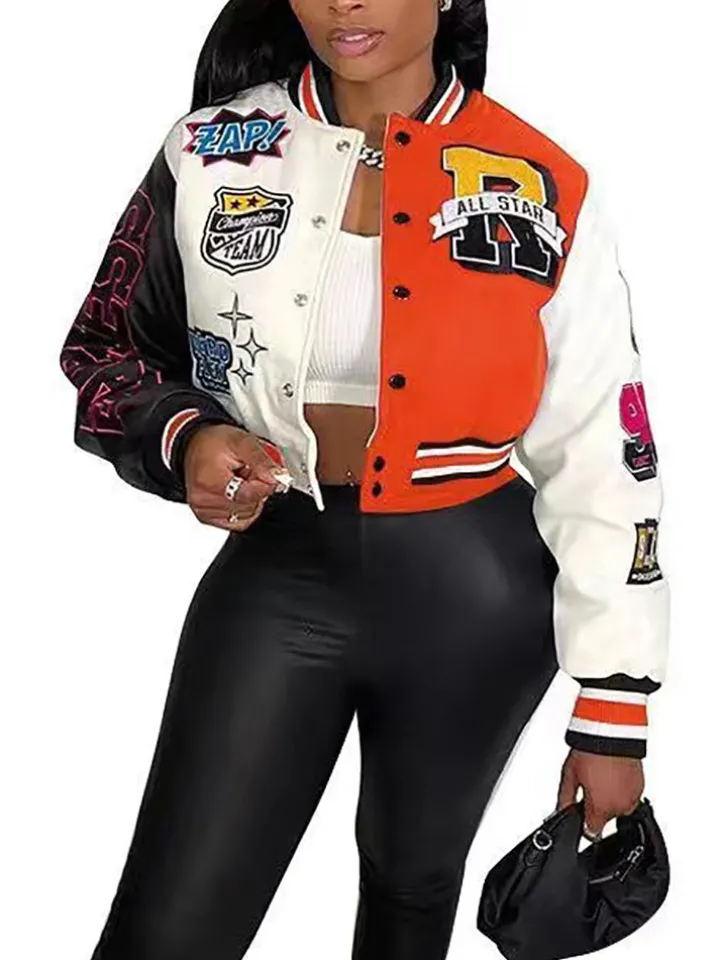 Colorblock Letter Print Baseball Jacket