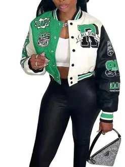 Colorblock Letter Print Baseball Jacket