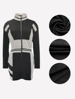 Colorblock Zip Jacket Long Sleeve Dress