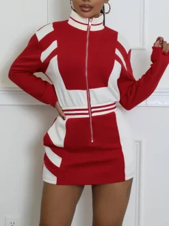 Colorblock Zip Jacket Long Sleeve Dress