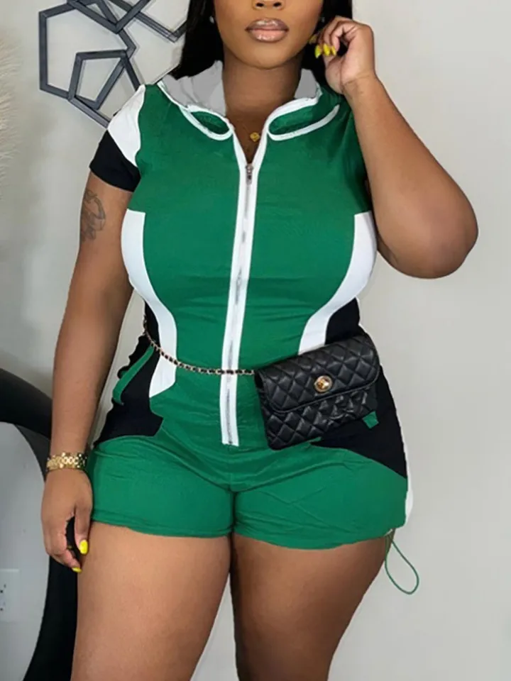 Colorblock Zip-Up Hooded Romper