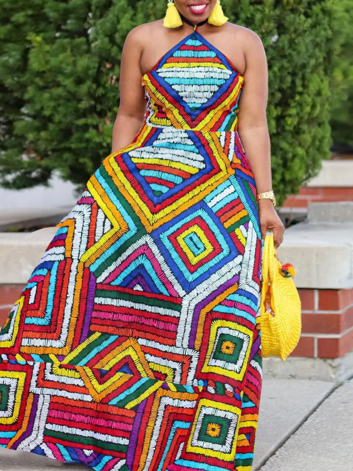 Colorful Print Halter Neck Backless Maxi Dress