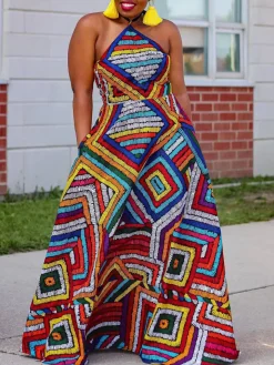 Colorful Print Halter Neck Backless Maxi Dress