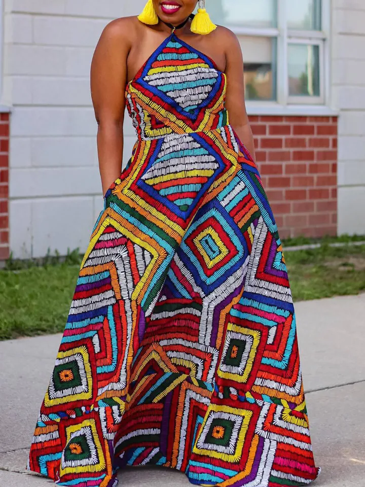 Colorful Print Halter Neck Backless Maxi Dress